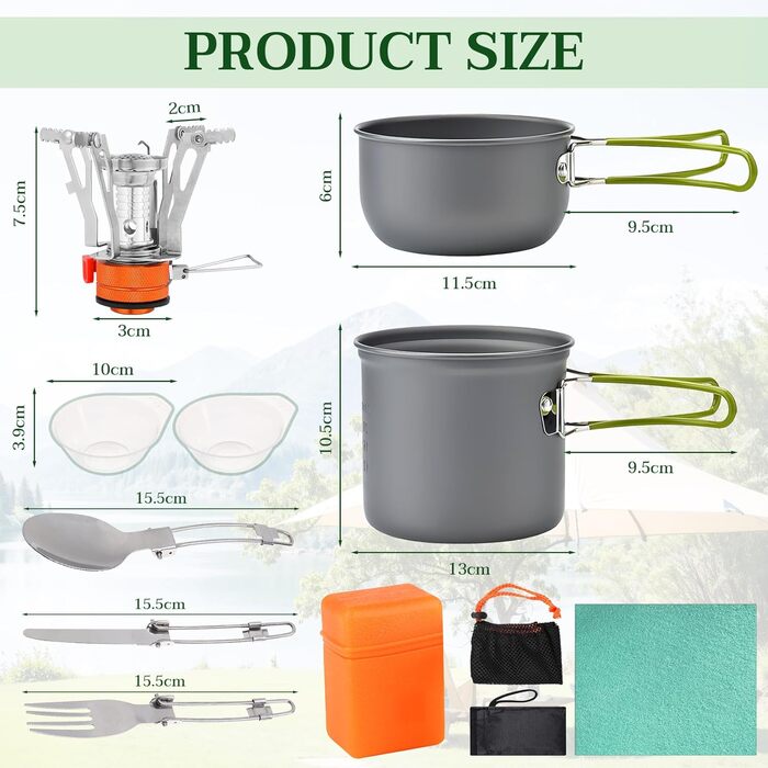 Набір кухонного посуду для кемпінгу Herbst, 11 предметів: каструля, плитка, столові прибори, серветки для чищення. Ідеально для пікніків та походів