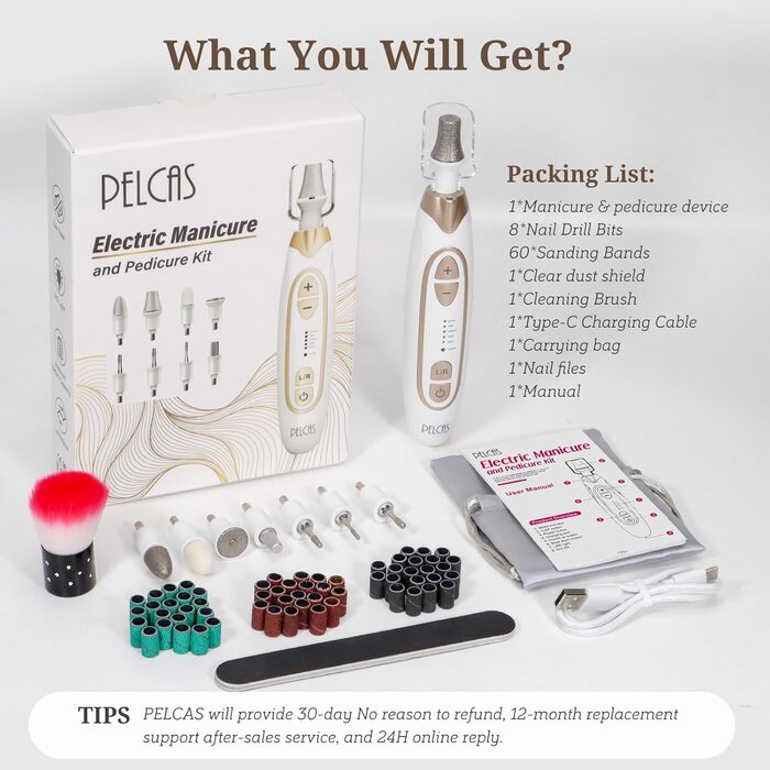 Електричний фрезер для ніг PELCAS з LCD дисплеєм: професійний набір для манікюру та педикюру, акумуляторний, для товстих нігтів та кутикули, біле золото