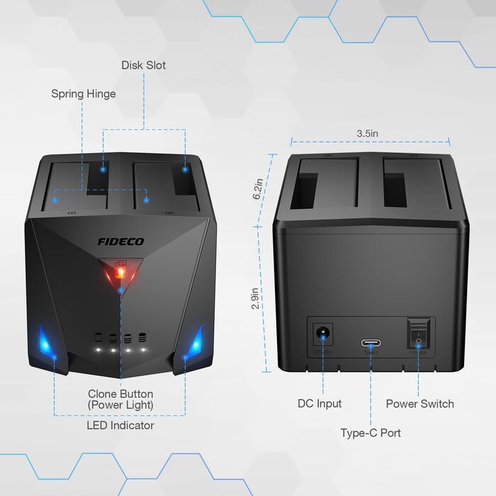 Док-станція для жорстких дисків FIDECO з USB 3.2 Gen1, 2 відсіки SATA HDD/SSD, підтримка UASP та офлайн-клонування, Type-C