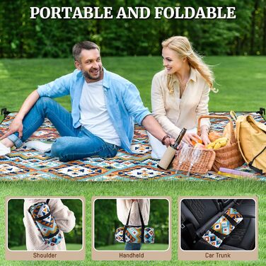 Плед для пікніка Boho 200x200 см, водонепроникний, антипісочний, з ручкою та кілочками, XL килимок для кемпінгу, пляжу, парку, прогулянок в стилі бохо