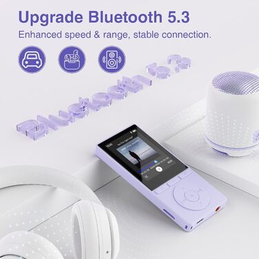 MP3 плеєр 64GB Bluetooth 5.3 з динаміком, записом голосу, E-book, HiFi звук, фіолетовий. Підтримка TF карти 128GB для спорту