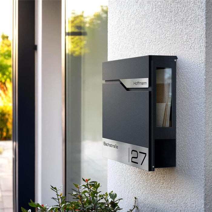 Поштовий ящик Metzler® з газетницею та індивідуальним написом з нержавіючої сталі V2A, антрацит Ral 7016. Гарантія 10 років, сучасний дизайн, стійкий до корозії.