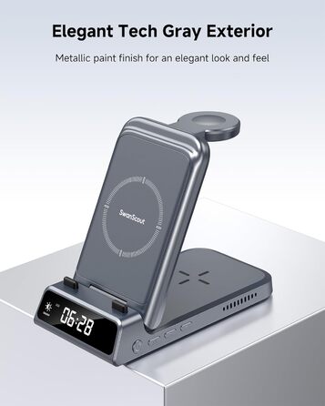 Бездротова зарядка 3-в-1 SwanScout 703A для iPhone 17/16/15/14/13/12, Apple Watch 11/10/9/8/7/Ultra та AirPods Pro 3 (Tech Grey)