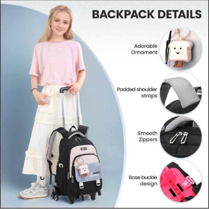 Шкільний рюкзак-тележка для дівчаток-підлітків, рюкзак для школи на колесах, знімний тролей, шкільний ранець для початкової та середньої школи, сумка для подорожей з 6 колесами, 36L - Зелений (Чорний)