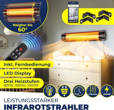 Інфрачервовий обігрівач KESSER® 2500W з пультом, 3 режими, швидкий нагрів, кріплення на стіну, для тераси, кварцовий, з захисним чохлом, таймер - антрацит (чорний)