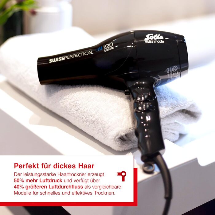 Фен Solis Swiss Perfection 440 Föhn: 2300 Вт, іонізація, AC-двигун, 3 режими температури, 2 швидкості, чорний