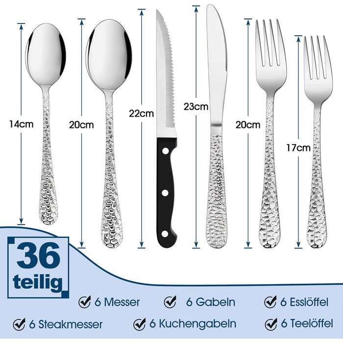 Herogo Cutlery Set, 6 Place Settings, 36-Piece Stainless Steel Cutlery Set with Knife, Fork, Spoon, Steak Knives, Modern Hammered Handle Flatware for Home/Party/Restaurant, Dishwasher Safe, Rustproof