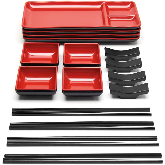 Японський набір суші на 16 осіб – 4 тарілки, 4 соусники, 4 пари паличок, 4 підставки – з меламіну (червоний)