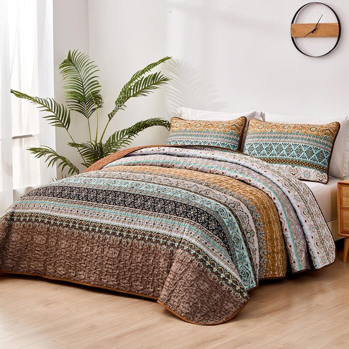 WONGS BEDDING Quilt Cover 220x240 Bedspread Bohemian Throw Blanket Stepped Quilt 3-Piece Double Bed Quilted Blanket Microfiber Living Blanket with 2 Pillowcases 50x70 for Bedroom as Sofa Cover (Bohemian) (220x240 cm, Brown)
