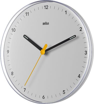Braun Classic Analog Wall Clock with Silent Quartz Movement, Easy to Read, 23 cm Diameter in White, Model BC26W.