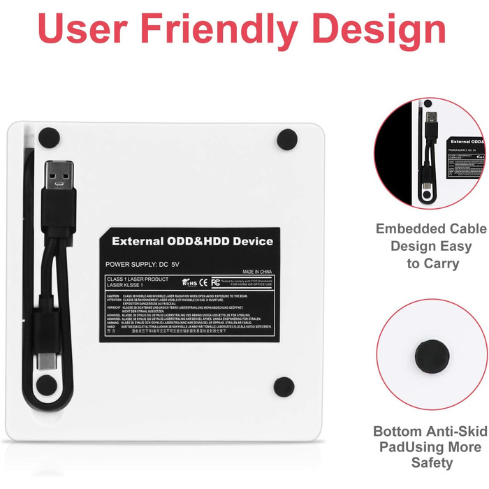 Зовнішній CD/DVD привід USB 3.0 та Type-C з картридером SD/TF, портативний RW-записувач для ноутбука, ПК, MacBook (Windows, macOS, Linux) — Білий