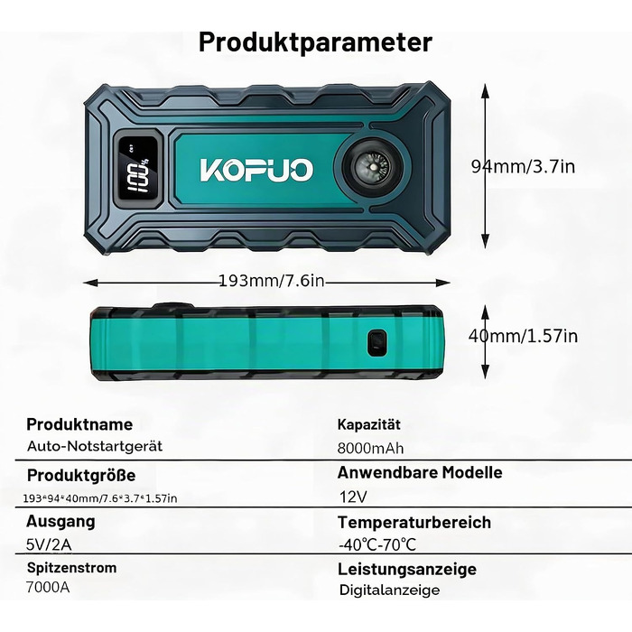 Бустер для автомобіля 7000A Jump Starter Powerbank 12V для бензинових (до 8л) та дизельних (до 6.5л) двигунів з LED-ліхтарем та набором аксесуарів (Блакитно-зелений)