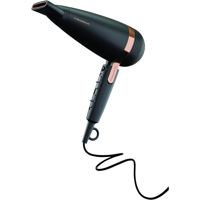 Фен GRUNDIG Naturashine HD 8080 з іонізацією, 2 насадки, 2300 Вт, 3 температурні та 2 режими повітряного потоку, холодна функція, датчик Smart On/Off, 3 м кабель, чорний / рожеве золото