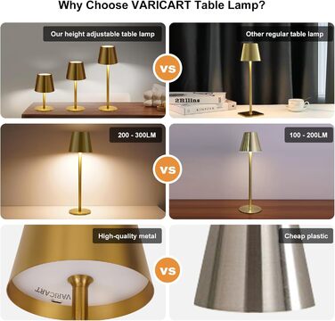 Світлодіодна настільна лампа бездротова з сенсорним керуванням, USB-C, димування, акумуляторна, 3 режими світла, регульована висота, IP54 водонепроникна, золота. Для ресторану, спальні, бару, вулиці