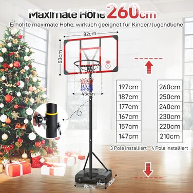 Баскетбольний кошик для дітей та підлітків Yohood Outdoor з регулюванням висоти, мобільний, з PC-зворотньою панеллю 82x53 см та збільшеною основою (червоний)