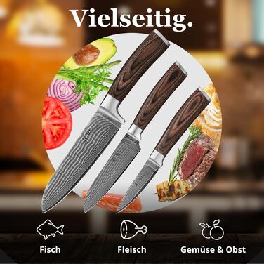 Набір кухонних ножів Wakoli EDIB Damast VG10 (3 шт.) в дерев'яній подарунковій коробці - гострі, ергономічні, з ручками Pakkawood