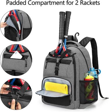 DSLEAF Tennis Bag for 2 Rackets - Backpack with Shoe Compartment - Sports Training Gym Bag for Tennis, Pickleball, Badminton, Squash - Grey