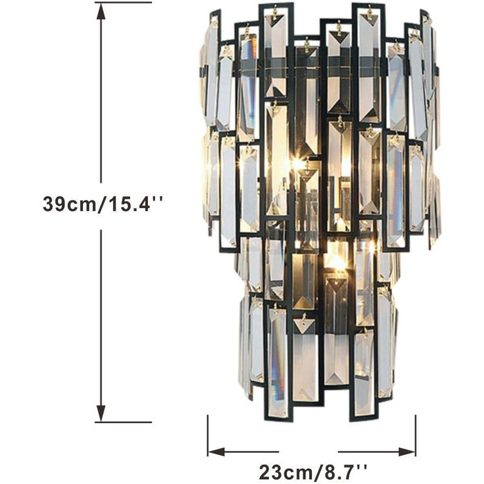 Настінний кришталевий світильник KCO Lighting, 2 лампи, чорний метал, сталь, для вітальні, ванної та коридору