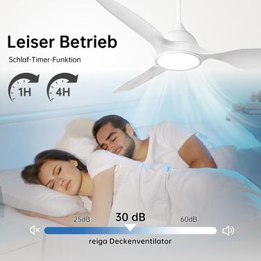 Стеляний вентилятор Reiga з підсвічуванням та пультом дистанційного керування 132 см, тихий реверсивний двигун, 6 швидкостей, таймер, регульована яскравість та 3 колірні температури, світло-коричневі лопаті (білий, з пультом)