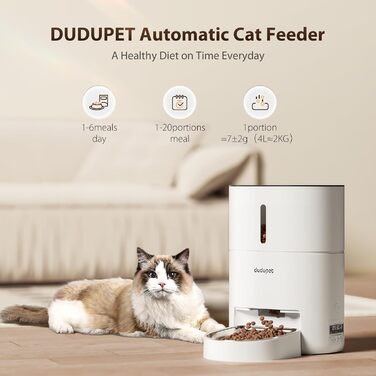Автоматичний годівник для котів DUDUPET з Wi-Fi, 4L, з пультом дистанційного керування, запис голосу, нержавійна чаша, білий