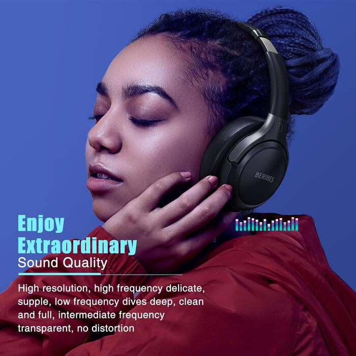 BERIBES Бездротові навушники Over-Ear Bluetooth з мікрофоном, 65 годин роботи, 6 EQ-режимів, HiFi Stereo, чорний