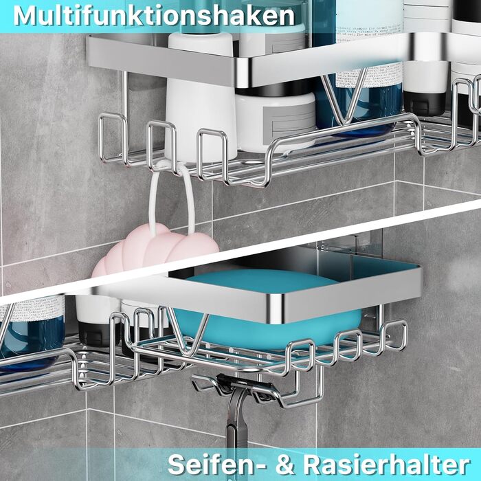 Полиця для душу YIGII без свердління, 3 шт. з нержавіючої сталі, органайзер для ванної кімнати, велика місткість, самоклеюча з мильничкою та 4 гачками, тримач для шампуню, сріблястий (2 шт.)