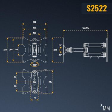 Поворотний настінний кронштейн для телевізора RICOO S2522 (32-43 дюйми), нахильний тримач для OLED та Curved моніторів, до 15 кг, VESA 200x200 мм
