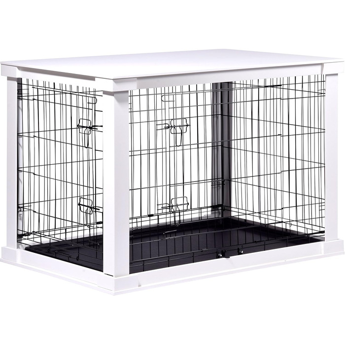 Дерев'яний вольєр для собак Dobar® розмір M - Будка для собак з поверхнею столу - Будка для собак для дому - Будка для собак з масиву дерева - журнальний столик - 83 x 55 x 59 см - Білий