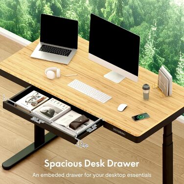 Регульований стіл FLEXISPOT з LED-дисплеєм висоти, пам'яттю та USB, електричний стіл з ящиком для дому та офісу (140 x 70 см, бамбук / чорний (з Qi))