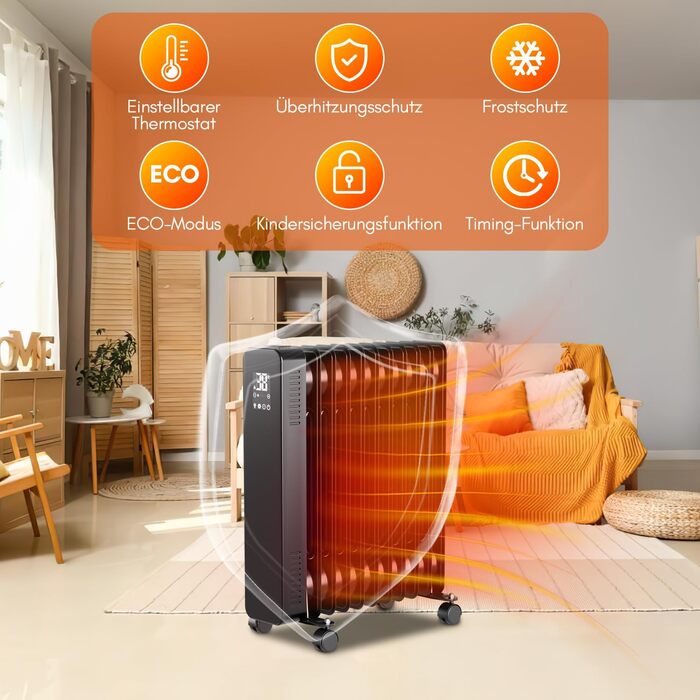 Масляний радіатор Sonnewelt 2500W з WiFi, термостатом та пультом, 11 ребер, чорний