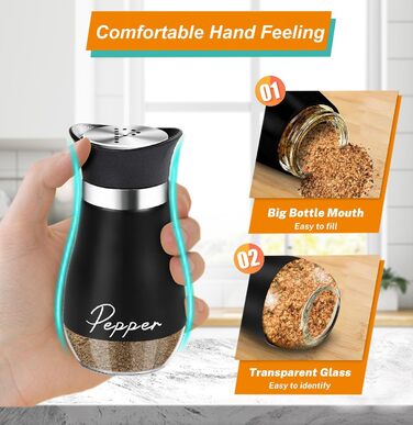 Набір соляної та перечної солілки з нержавіючої сталі з скляною пляшечкою, диспенсер для спецій, аксесуари для кухні, дому, ресторану, обіднього столу (Чорний)
