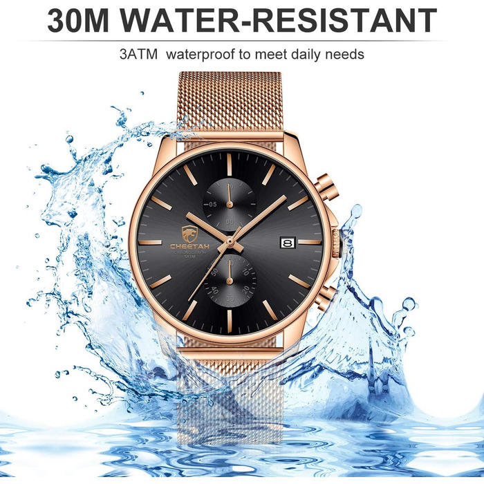 Чоловічий годинник на браслеті Mesh, кварц, аналоговий, чорний, з нержавіючої сталі, водонепроникний, хронограф, автоматична дата, Rose-gold (Рожеве золото)