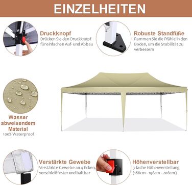 COBIZI Pavilion 3x3 Waterproof, Stable, Winter-Proof Party Tent, Folding Pavilion 3.0, 100% Waterproof and UV 50+ Portable High-End Portability Garden Pavilion, (Khaki, 3x6 with 6 Side Walls)