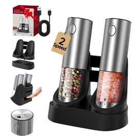 Електричні соляні та перечні млини CIRCLE JOY з нержавіючої сталі з підставкою, 95 мл, біле LED-підсвічування, регульована ступінь помелу, срібні