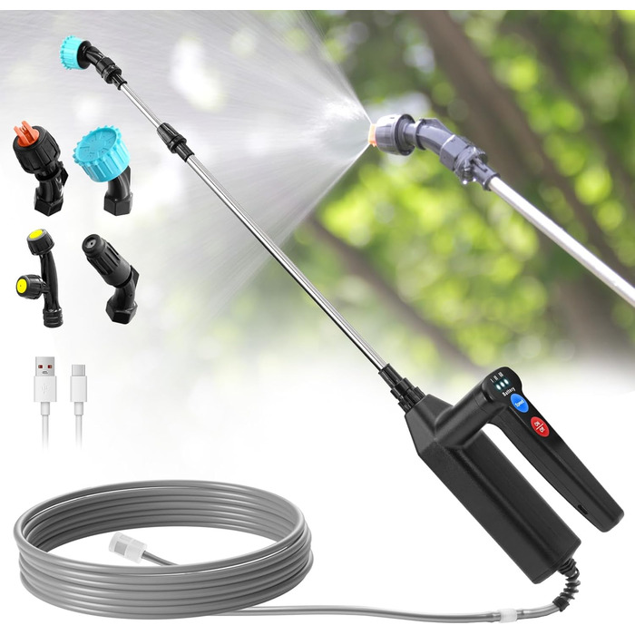 SYLSTAR Battery-Powered Sprayer with 3 Spray Speeds, 7.4V Powerful Electric Plant Sprayer, 4 Adjustable Nozzles Electric Sprayer, 8m Hose and 60cm Extendable Spray Wand