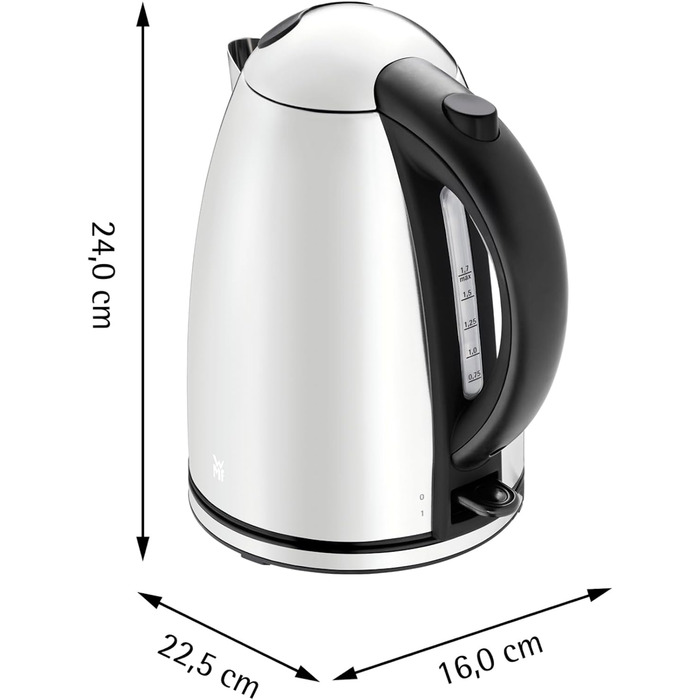 WMF Stelio Stainless Steel Kettle 1.7L, Electric Kettle with Scale Filter, 2400 W, Illuminated Water Level Indicator, Matte Stainless Steel (Gray)