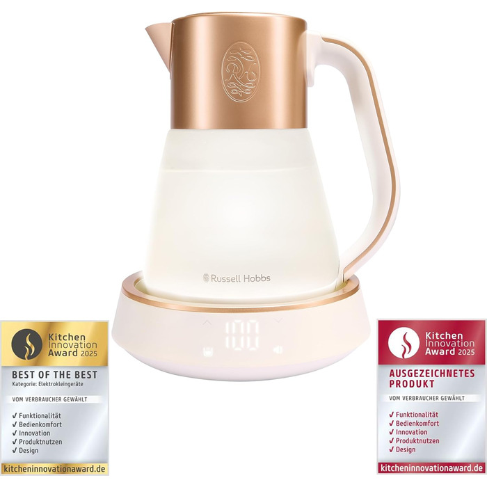 Russell Hobbs Glass Kettle [1.7L, Temperature Setting 40-100°] Calm (LED Lighting, Soothing Sounds, Quiet-Boil Technology, Keep-Warm Function, Digital Display, Touch Control, 2400W) 27450-70