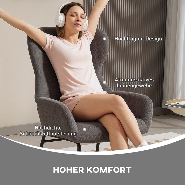 Крісло HOMCOM з сучасним дизайном, високою спинкою, м'яким сидінням та металевими ніжками, сірого кольору