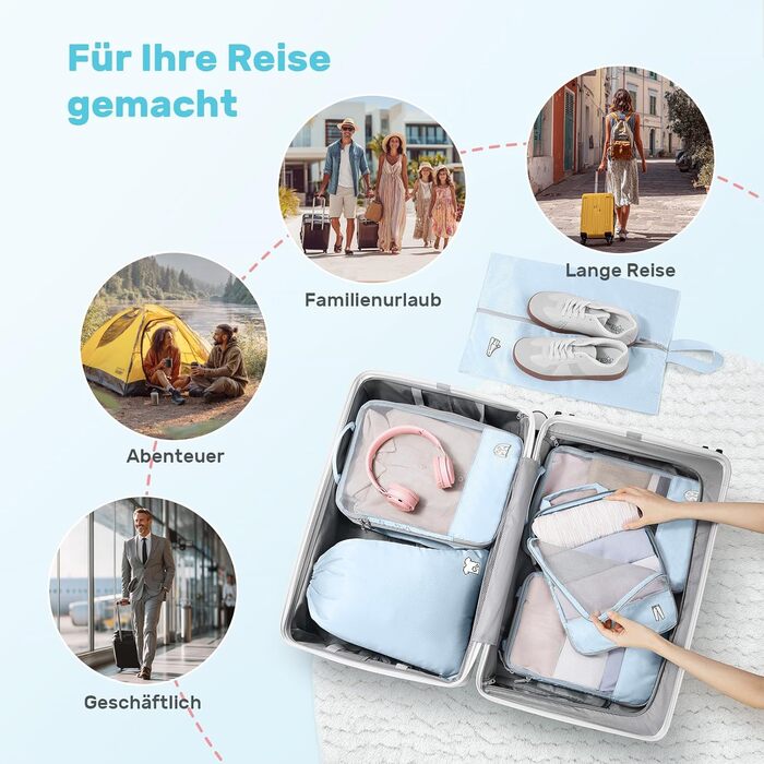 Набір з 8 компресійних органайзерів для валізи, чорний/блакитний