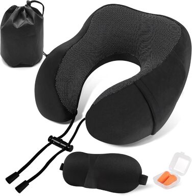 Подушка для шиї у вигляді їжачка Memory Foam для подорожей на літаку, авто, в офіс. З навушниками, маскою для сну та сумкою. Чорна.