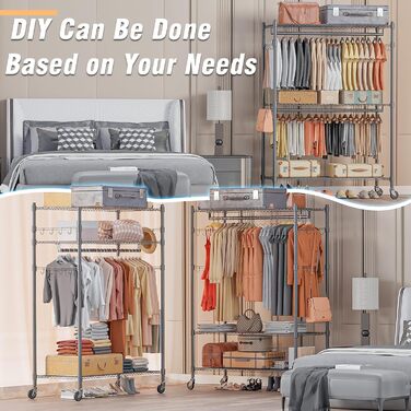 Double Clothes Rack/Garment Rod with Adjustable Shelves, Heavy-Duty Clothes Rack with 2 Hooks, Clothes Rack with Wheels, 90 * 42 * 205cm, White (Gray, 90*42*205cm)