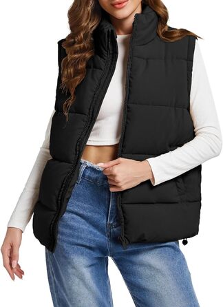 Жіноча пуферка/жилетка Polu, без рукавів, на блискавці, зі стійким коміром, оверсайз, чорна, розмір S