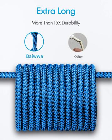 Кабель USB-C на USB-A 6м, блакитний, нейлон - для Samsung, iPhone, Redmi, Pixel