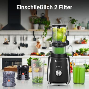 AMZCHEF Електричний соковитискач Slow Juicer 103 мм - потужність 250W, для овочів та фруктів, з 2 фільтрами, тихий двигун, функція реверсу, чорний