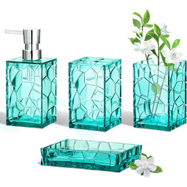 HBlife Bathroom Accessories Set, blue-green, Acrylic, Bathroom Countertop Set with Toothbrush Holder, Soap Dispenser, Cup, Soap Dish, turquoise, Boho, modern bathroom decor, ideal gift choice