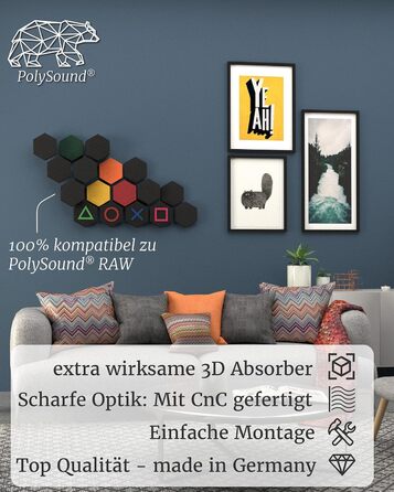 Акустичні 3D-панелі PolySound ECO гексагон, самоклеючі звукопоглинаючі шестикутні панелі для офісу, геймінгу та дому, набір 9 шт (3-10 см), PS Motiv