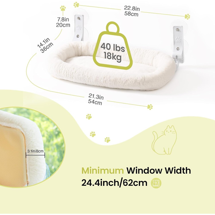 MEWOOFUN Large Cat Hammock Window with Removable Thick Cover - Foldable, Stable, 4 Strong Suction Cups, Holds 18kg (White, M)
