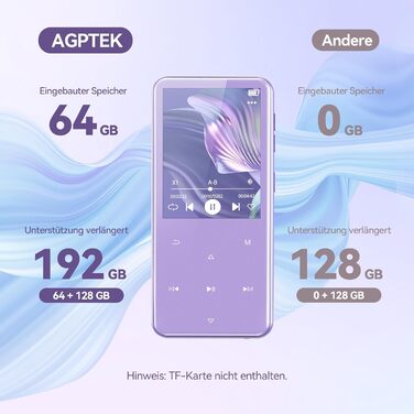 MP3 плеєр AGPTEK 64GB з Bluetooth 5.3, TFT-дисплеєм, FM-радіо та підтримкою до 128GB, фіолетовий