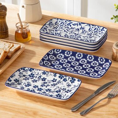 Набір сервірувальних тарілок Vancasso SELENE (6 шт.) - великі, прямокутні, порцелянові, для свят, сніданків, фуршетів, сирної тарілки, мікрохвильова піч та посудомийна машина, блакитно-білі