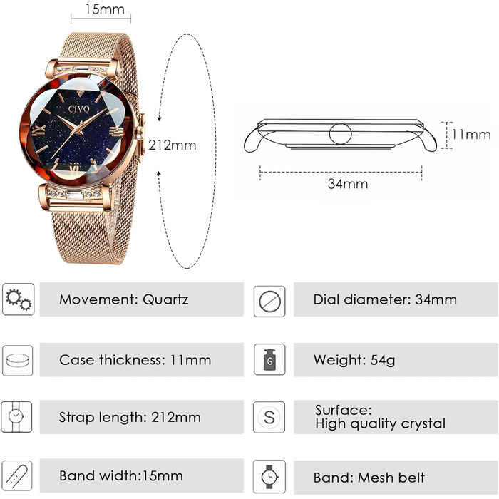 Жіночий годинник CIVO водонепроникний мінімалістичний аналоговий кварц, мода, сукня, елегантний, повсякденний кварцовий годинник для жінок (Y-2【set】рожеве золото/Xk Zh)